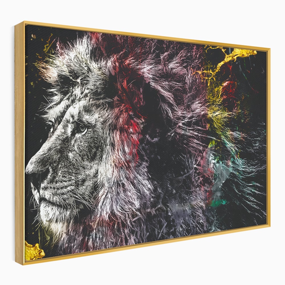 Tablou canvas cu ilustratie digitala cu profil de leu, in rama de aluminiu auriu
